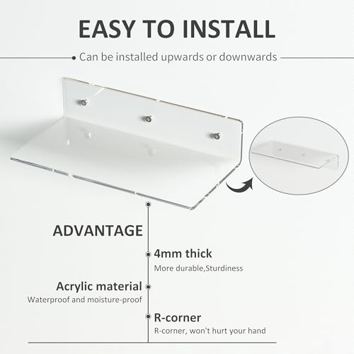 Image of 12 Inches Clear Wall Shelves, Moisture-Proof Acrylic Bathroom Organizer Shelves for Wall, Floating Shelves for Bathroom, Funko Pop Shelves, 4 Pack