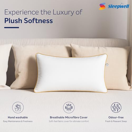 Image of Sleepwell Huggs Premium Plush Fibre Pillow | White |Hand Washable | Microfibre Outer Cover | Polyester Siliconized Conjugate Fibre | Excellent Neck Support | 27 x 17 Inches | Pack of 1