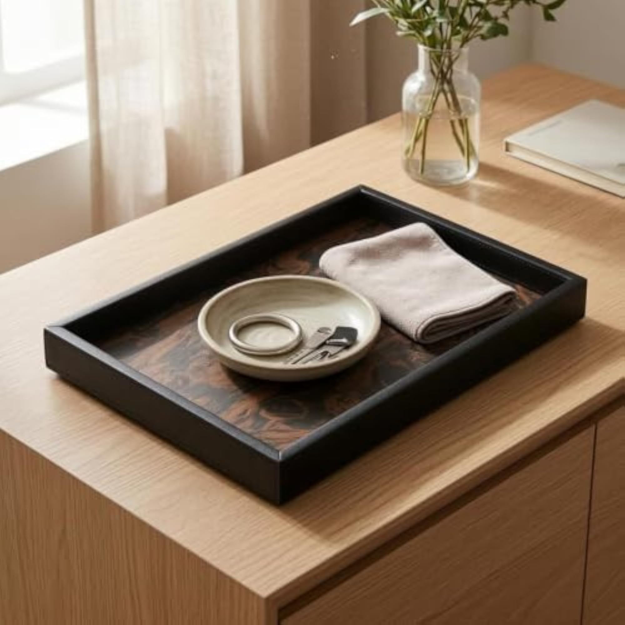 Raised Sides Leather-Edged Wood Tray, Rustic Tabletop Decor