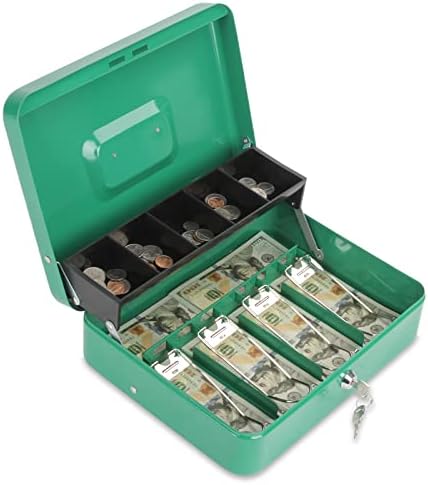 Polspag Cash Box with Lock and 2 Keys, Metal Money Box with Cash Tray, Lock Safe Box, 4 Bill/5 Coin Slots, 11.8L x 9.5W x 3.5H Inches (Key-Green)
