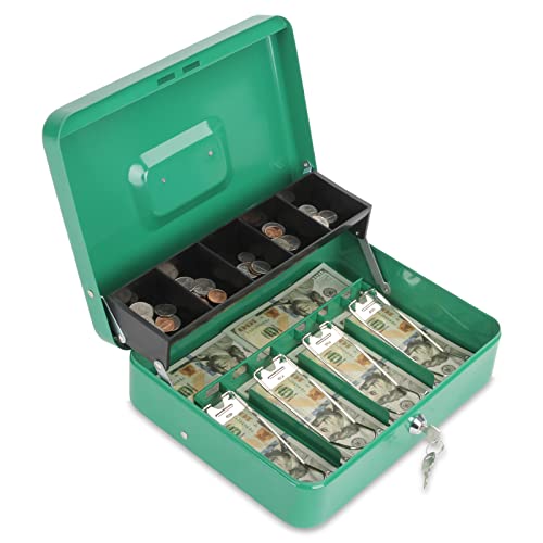 Polspag Cash Box With Lock And 2 Keys, Metal Money Box With Cash Tray, Lock Safe Box, 4 Bill/5 Coin Slots, 11.8L X 9.5W X 3.5H Inches (Key-Green) #TOP2