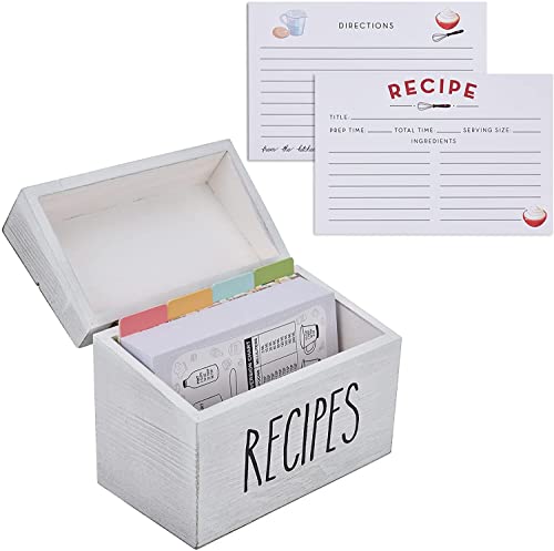 hoziel Caja de recetas de granja blanca con tarjetas y divisores, caja de tarjetas de recetas vintage con 100 tarjetas de recetas de 4 x 6 pulgadas, 12 divisores más tabla de conversión para cocinar