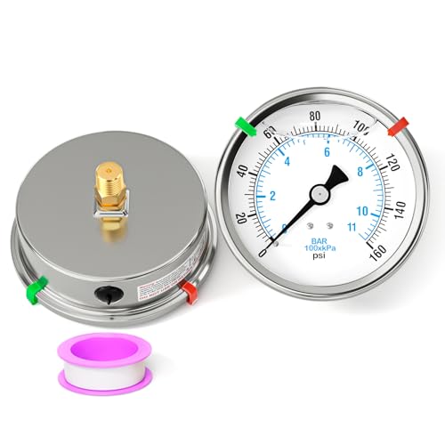 Image of 0-160PSI Stainless Steel Liquid Filled Pressure Gauge, 4 inch Dial Size, 1 /4 inch NPT Back Mount, for Tube, Water Pump, Gas, Liquid, Pressure Test (with Range Mark Pointer)