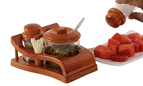 Image of Nabhya Complete Dining Table Set of Pickle Jars, Salt and Pepper Dispenser, Toothpick Holder and Spoon Holder(Wooden Look Design, Plastic) (Oscar)