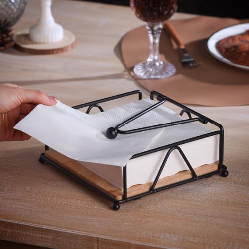 NAROSEBE Serviettenhalter Schwarz Metall Serviettenspender Serviettenständer Holz Tisch Vintage mit Beschwertem Quadratische Papierserviettenhalter für Küche Restaurant Bauernhaus (18 * 18 * 7cm)