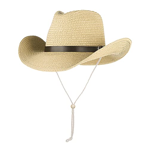 Straw Cowboy Hat for Women Men Classic Western Cowgirl Cap Foldable Sunhat Shapeable Fedora Panama Cap Wide Brim Beach Hat Beige