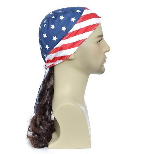 Image of Features USA flag star & stripe print, integrated wig with bandana, long curly mullet hairstyle, classic patriotic style, elastic stretch fit, no extra matching needed. (Medium Brown)