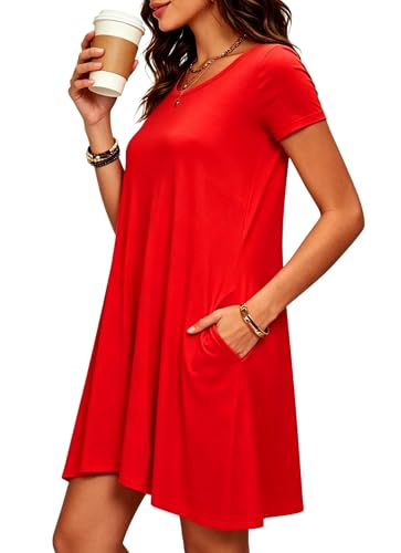 Image of Afibi Womens Short Sleeve Loose Pockets Dress Casual Swing T-Shirt Dresses