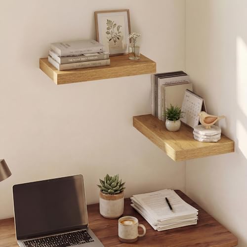 Image of Dreamland 16 Inches Floating Shelves for Wall, 9.3 inch Deep Long Floating Shelves Set of 2, Large Display & Storage Shelf, Wall Shelf for Bathroom Bedroom Living Room Kitchen Office, Oak