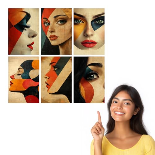 Image of SiddArtify Modern Abstract Woman Wall Art Prints Set - Geometric Face Poster Decor for Living Room Bedroom Office - 12x18 inch Sticker Pack of 6