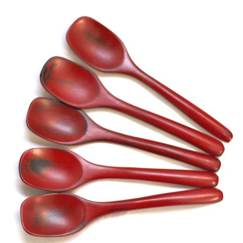 木のスプーン デザートスプーン 美しい塗り 5本セット 全5種 (根来5本)