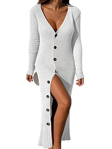 Image of ebossy Women's Ribbed Slim Long Knit Cardigan Sweater Sexy V Neck Button Down Crochet Maxi Dress Trench Coat