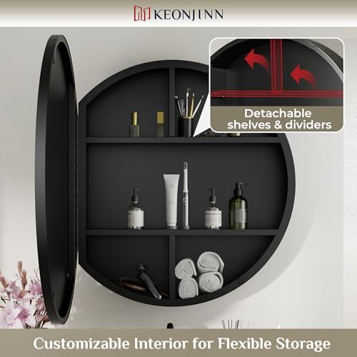 Image of Keonjinn 28 x 28 Inch Round Black Mirror Medicine Cabinet Wall Mounted, Circular Modern Medicine Cabinet with Mirror, Black Framed Medicine Cabinets with Mirror, Vanity Bathroom Mirrors with Storage