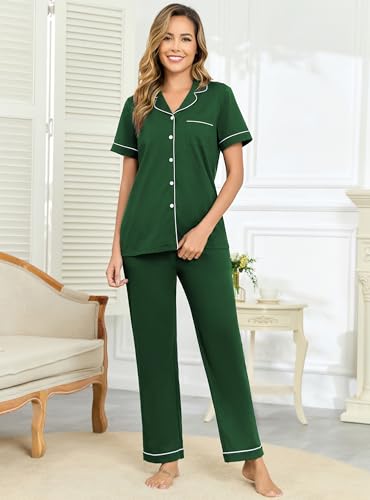 Image of Veseacky 100% Cotton Pajamas for Women Set Short Sleeve Button Down Sleepwear Soft 2 Piece Summer Pjs Lounge Sets S-XXL
