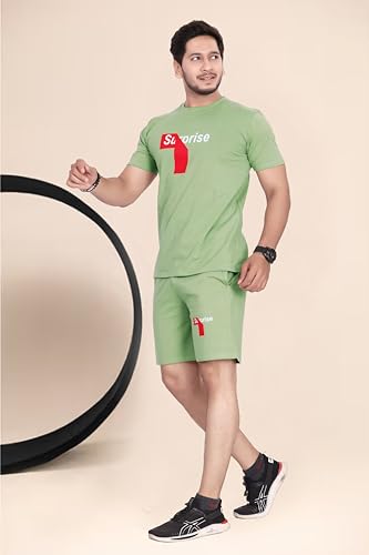 Image of HOODMASTER Men's Cotton Night Suit Set of Top & Knee Length Shorts with Round Neck Half Sleeves Solid Pattern Regular Fit and Standard Length | Mens Cotton Night Suit | T-Shirt and Shorts Sets