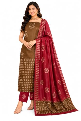 Image of HAIDER ALI AND SONS Women's Cotton Silk Batik Print Unstitched Dress Material with Dupatta | Handloom Salwar Suit Material | Kurta Fabric, Bottom & Dupatta Set | Ethnic Wear for Office