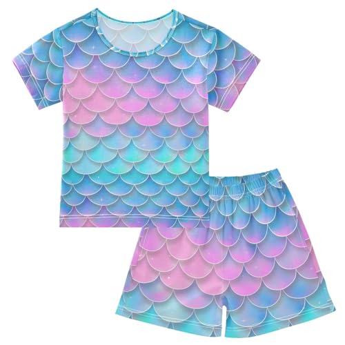 ALAZA Mermaid Fish Scale Romantic Pajamas Short Sleeve 2 Piece Sleepwear Top and Bottom Pajama Set Unisex