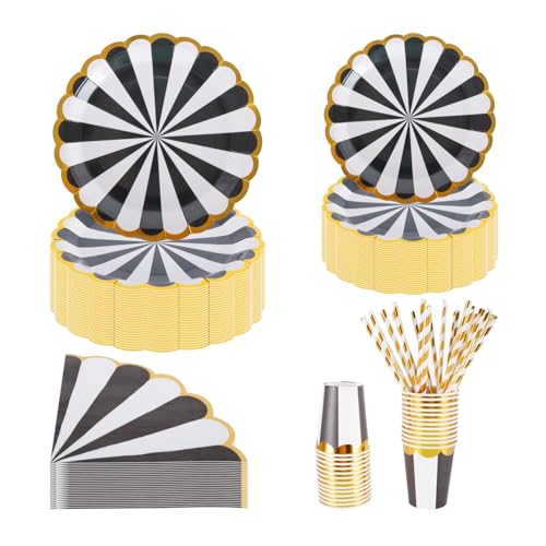 PHUNAT Party Plates Cups and Napkins Set, Includes 7 inch/18cm & 9 inch/23cm Black and White Paper Plates, Serving for 25 Guests, Perfect for Parties Events and Celebrations