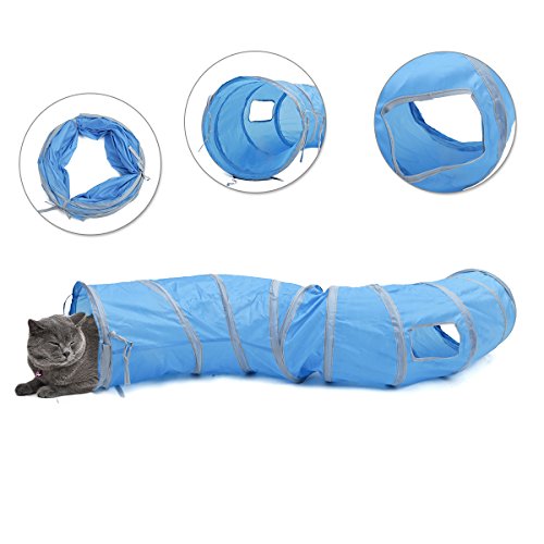 PAWZ Road Tunnel pour Chat Lapin 2 Trous, Jouets Chats 130 x 25cm Bleu