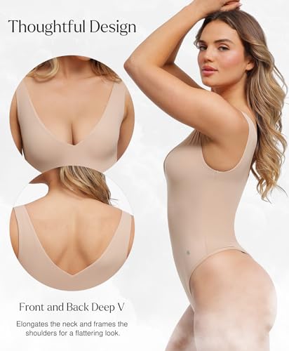 Image of Popilush Shapewear Bodysuit Plunge Deep V Neck Backless Going Out Tank Tops | lightly tummy control bodysuit,Buttery soft stretch fabric, sculpted shape and all-day comfort