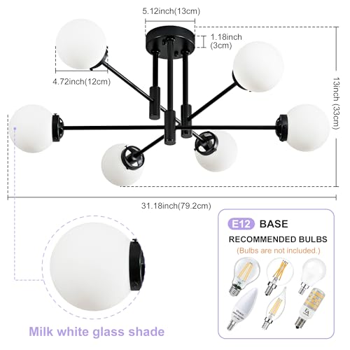 Image of Black Sputnik Ceiling Light Fixture 6 Light with Milk White Glass Shade