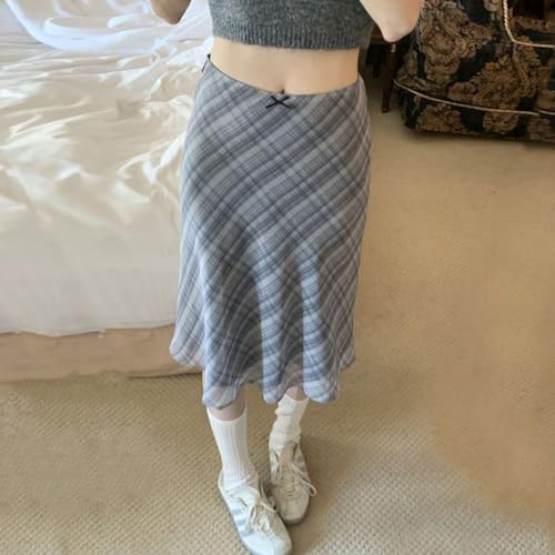 Aesthetic Plaid Midi Skirt Checkered Skirt Blue Bow Skirt Casual Everyday Wear Color Block3