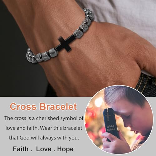Image of Cross Bracelet for Boys Teens, Adjustable Obsidian Beads Bracelets Christian Religious Jewelry Gifts for Teen Teenage Boys