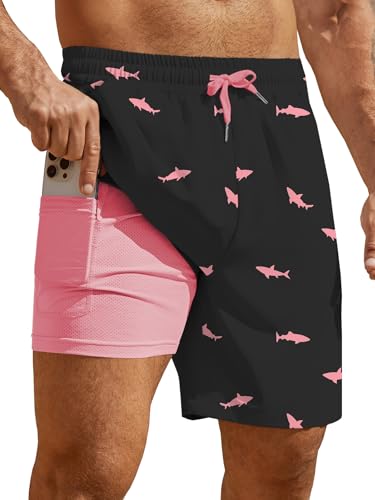 Hardaddy Mens 2 in 1 Swim Trunks with Compression Liner Beach Board Shorts with Pockets Black Pink L