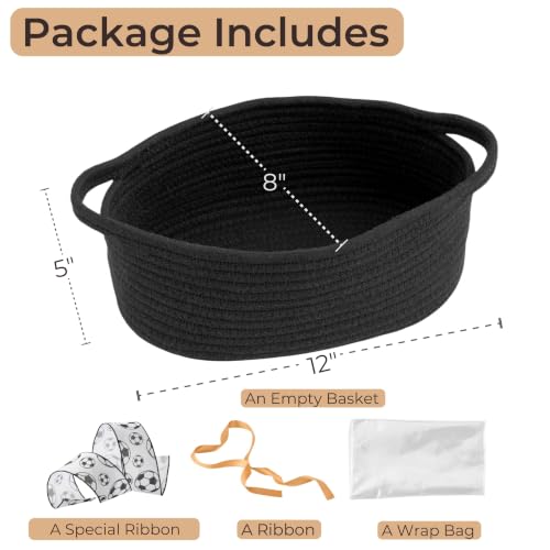 Image of Small Woven Gift Basket Empty with Bag & Ribbon, Storage Basket for Father's Day for Dad, Baby Shower, Raffle, Birthday, Cute Organizer with Handles, 12 inchx8 inchx5 inch, Black /Soccer