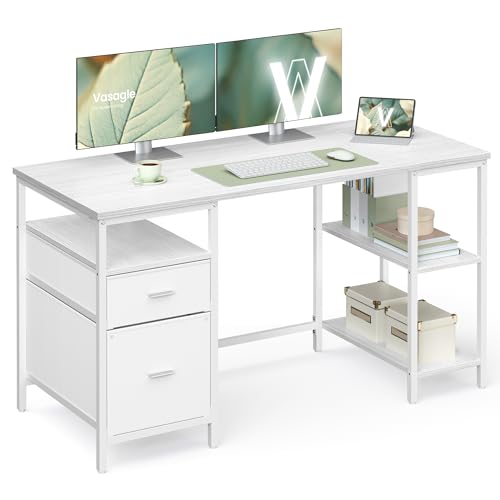 VASAGLE Escritorio, Mesa de Ordenador, Mesa de Oficina, con 3 Estantes, 2 Cajones, 140 x 60 x 76 cm, para Oficina, Salón, Estilo Moderno, Blanco Arce y Blanco Nube LWD104WF01