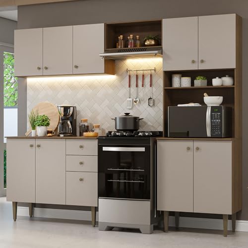 Image of Madesa Compact Kitchen Set with Cabinets, Ample Storage 235 Cm Wide with Multiple Compartments, 10 niches, 2 Drawers - Brown /Beige