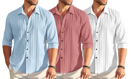 Image of FINIVO FASHION Combo of Men's Casual Cotton Plain Button Down Shirt Long Sleeve Textured Summer Beach Shirt for Men Pack of 3