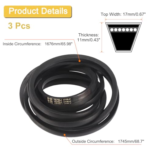 Image of uxcell 3 Pack B-66 Classic Wrapped V-Belt, 69 inch Outside Circumference Wrapped Industrial Rubber V-Belt B Profile V-Belt for Industrial Machinery Equipment, Black