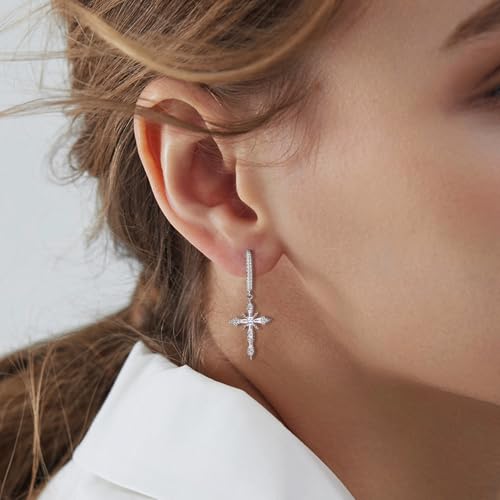 Trendy Sterling Silver Huggie Hoop Dangle Pendant Cross Earrings for Women Dainty Cartilage Charms White Gold Plated Hypoallergenic Jewelry Birthday Gift for Women2