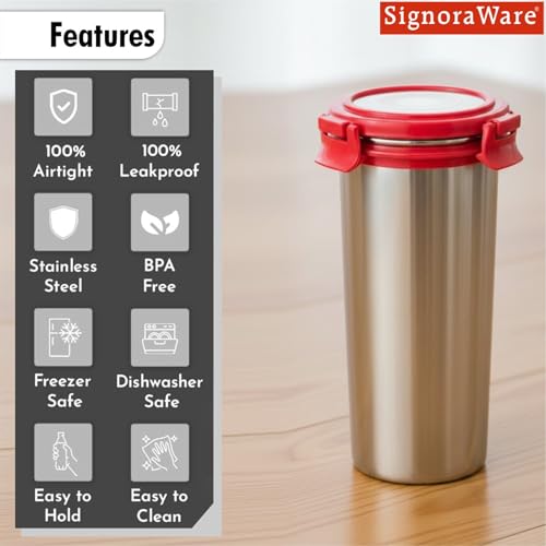 Image of Signoraware Lock N Store Stainless Steel Round Tumbler | Airtight & Leakproof | Compact Design | Easy to Clean | Ideal for Office, School, Travel, and Home Use (500ml | Red)
