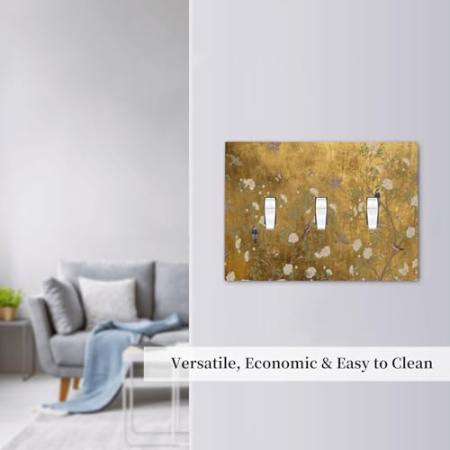 Decorative Switch Plate Covers Vintage White Flowers Birds on Golden Background 3 Gang Light Switch Cover Plate Triple Toggle Wall Plate Light Switch Covers for Bedroom Home Decor