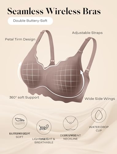 Image of COMFELIE Seamless Wireless T-Shirt Bra for Women, Full Coverage No Underwire with Deep V Neck, U-Back & Lace Trim