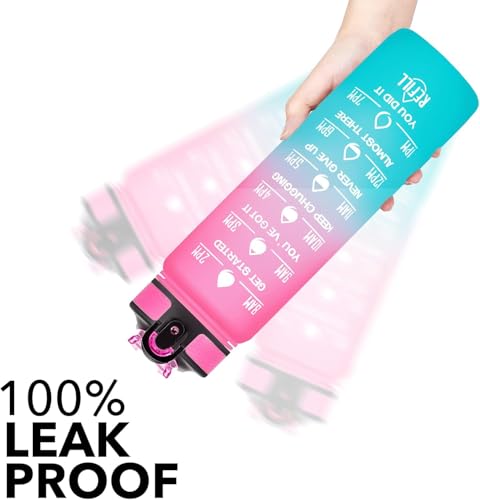 Image of TEKCOOL Motivational 1L Capacity Pink Green Plastic Bottle with Straw | Leakproof, Durable, BPA-Free | Ideal for School /College /Office /Travel, Sports /Outdoor Activities /