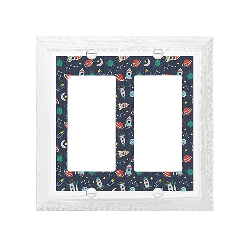 Rocket Clipart Space Ship Print Wall Plate,Wood Grain Double Switch Trim Siding,Plate Covers For Kitchen Bedroom Farmhouse Bathroom With Screws 4.9 X 4.9
