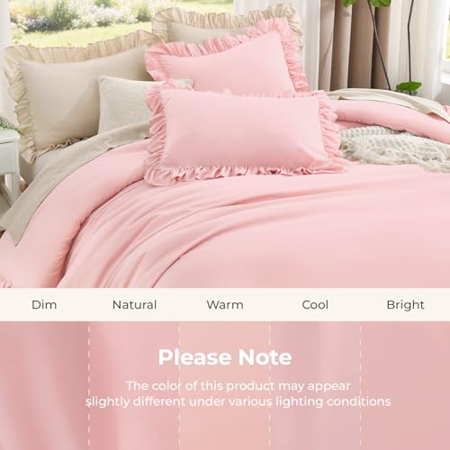 Image of Litanika Pink King Size Comforter Set, 3 Pieces Ruffle Farmhouse Aesthetic Bedding Comforter Set, All Season Soft Lightweight Fluffy Microfiber Bed Set(104x90In Comforter, 2 Pillowcases)