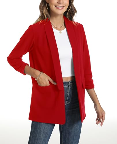Womens Casual Blazer Ruched 3/4 Sleeve 2025 Shawl Lapel Office Lightweight Open Front Casual Jackets with Pockets4