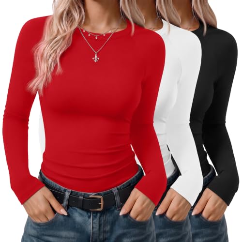 Ekouaer Womens Long Sleeve Color Block Raglan Shirts Fitted Thermal Tops