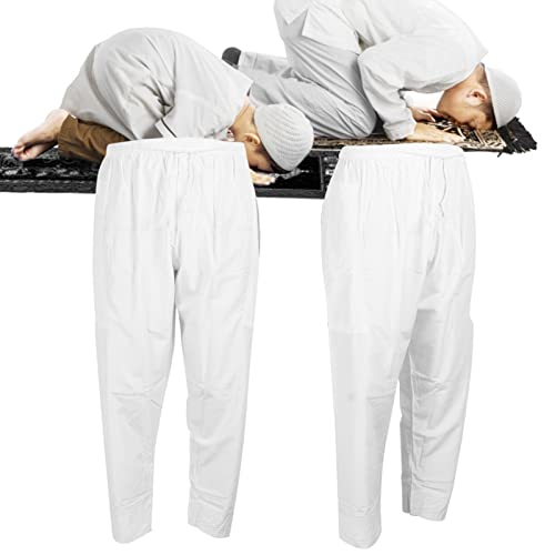 Men Muslim Pant, Men Muslim Arab Middle East Pants Cotton Loosestyle Afghan Pants with Waist Elastic Band for Prayer (White)3
