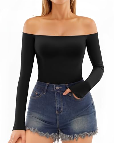MANGOPOP Off The Shoulder Tops for Women Sexy Long Sleeve T Shirt Slim Fitted Tee Casual Blouse Going Out Tops