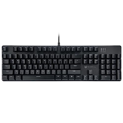 Qisan Teclado mecânico para jogos, retroiluminação LED, preto, 104 teclas, design americano, interruptor azul removível, USB-A