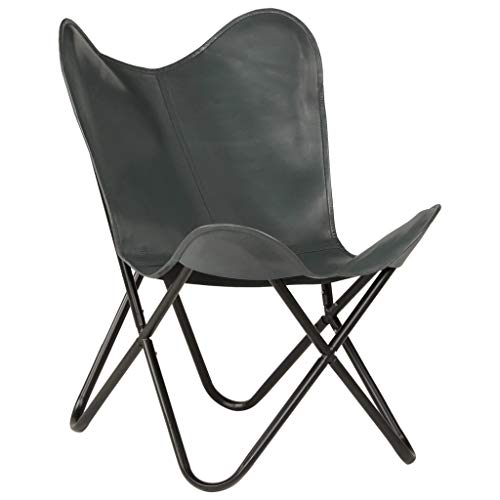 vidaXL Silla Mariposa de Cuero Auténtico Gris Asiento Banqueta Taburete Salón