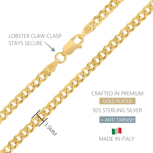 KISPER 18K Gold Over 925 Sterling Silver Italian 3.5mm Solid Diamond-Cut Cuban Link Curb Chain Necklace - for Men & Women with Lobster Clasp - Made in Italy3