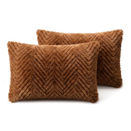 Image of Wakefit Designer Cushion Cover | 12x18 inch | Plush Fur Feel | Velvet Fabric | Machine Washable | Pack of 2 | Fur Brown
