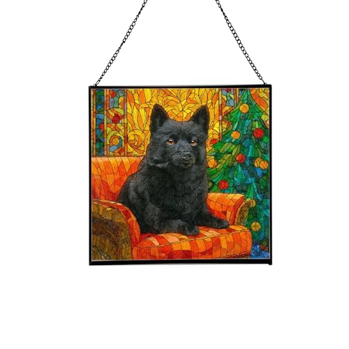Schipperke Christmas Stained Glass Suncatcher – Square Hanging Holiday Window Panel with Cozy Fireplace Scene – Winter Glass Art Decoration Gift for Animal Lovers, Pet Owners Fs8BVA