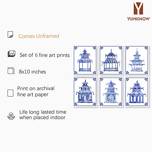 Rustic Blue And White Chinoiserie Wall Art - China Pavilion Wall Decor - Blue Watercolor Picture Print - Chinese Oriental Ornament - Classic Asian Japanese Decor - Chinese Art For Kitchen Bathroom #TOP1